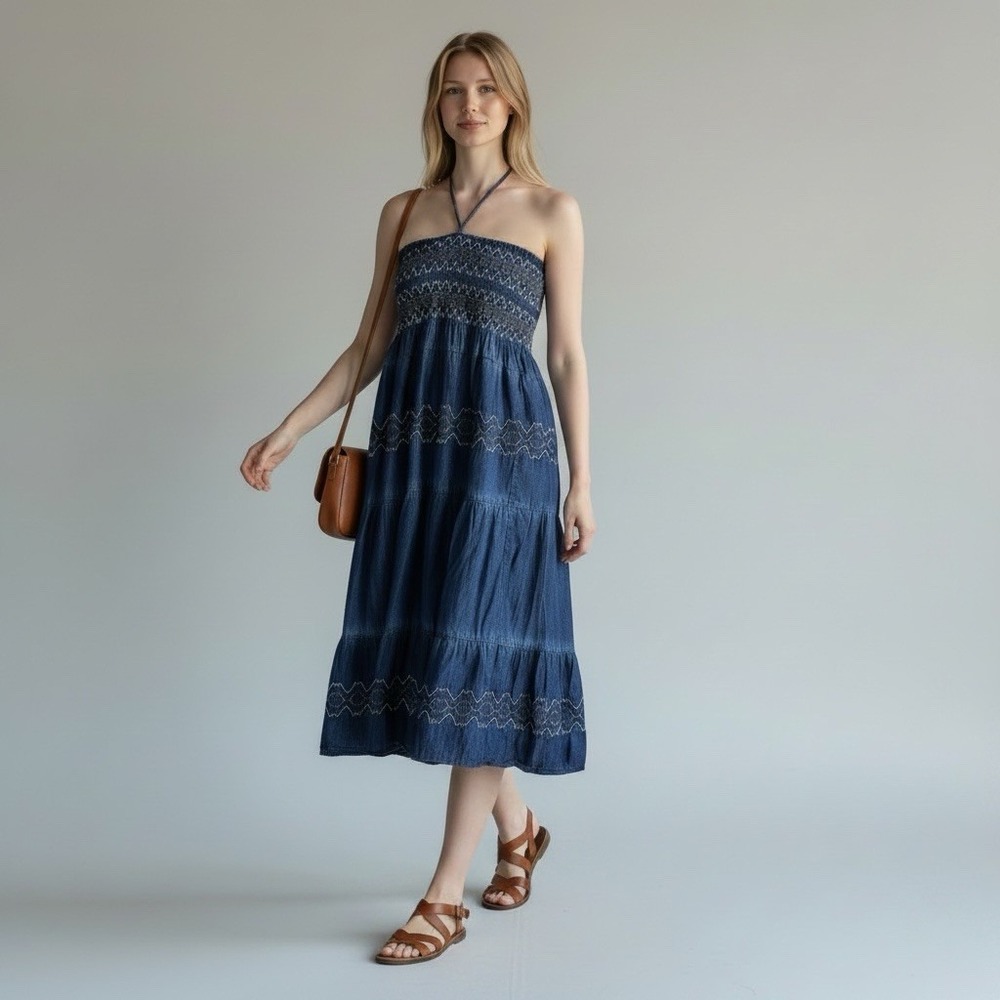 Lapis Chambray Embroidered Halter Smocked Stretch Tiered Fest Maxi Dress M Blue